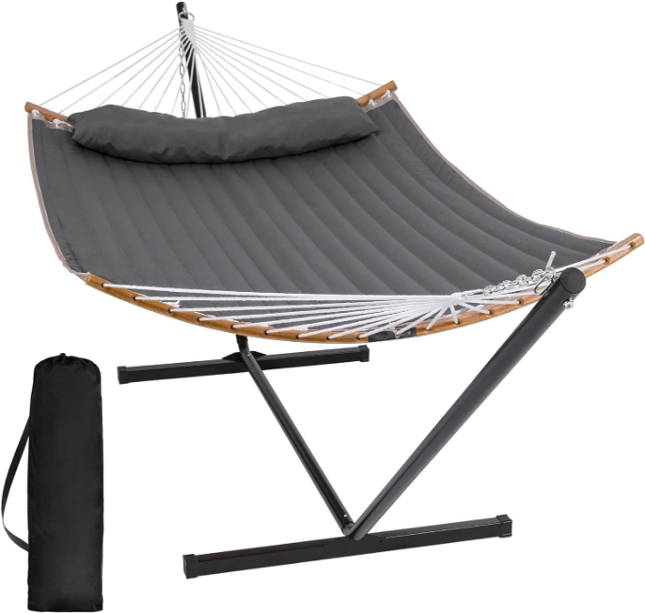 Portable Hammock with Stand Included, Double Hammock with Curved Spreader Bar, Dark Gray
