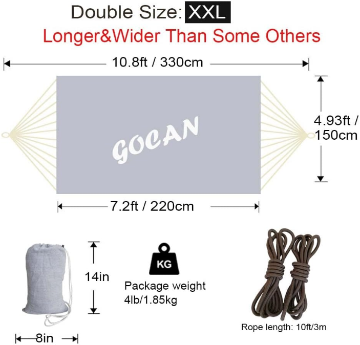 Double Hammock 2 Person Extra Large 330X150cm Load Capacity 600Pound Canvas Cotton Hammock for Patio Porch Garden Backyard Lounging Outdoor and Indoor XXL(Grey)