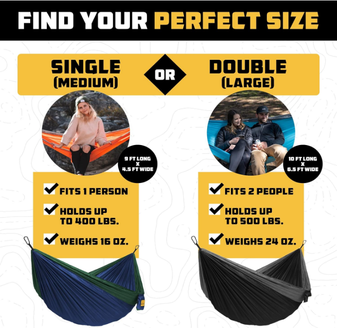  Camping Hammock - Camping Essentials, Portable Hammock w/Tree Straps, Single or Double Hammock for Outside, Hiking, and Travel