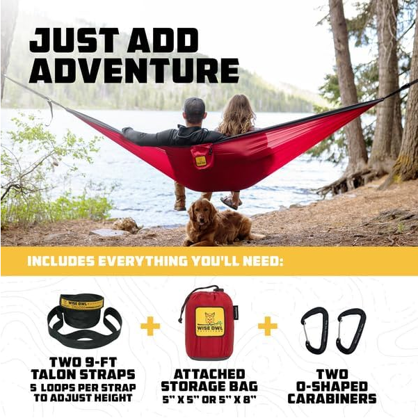  Camping Hammock - Camping Essentials, Portable Hammock w/Tree Straps, Single or Double Hammock for Outside, Hiking, and Travel