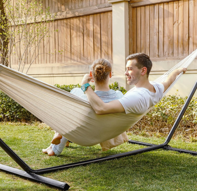 Double Hammock, 98.4 x 59.1 Inches, 660 lb Load Capacity, with Compression Bag, Mounting Straps, Carabiners, for Terrace, Balcony, Garden, Outdoor, Camping, Beige UGDC15M