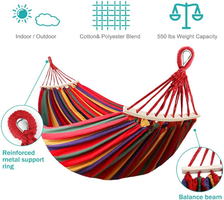 Camping Hammock 550lb Upgraded Thickened 320G Canvas Fabric Single Hammocks with Two Anti Roll Balance Beam and Sturdy Metal Knot Tree Straps for Camping, Patio, Backyard, Outdoor