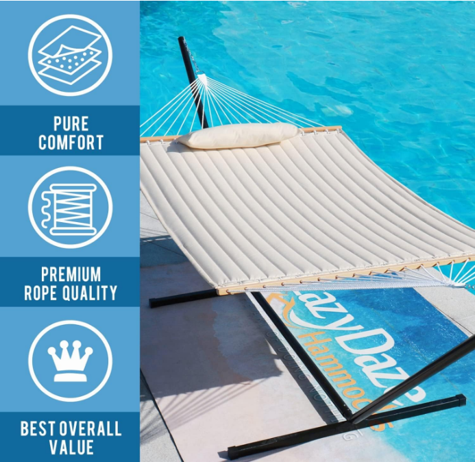 Lazy Daze 12 FT Double Quilted Fabric Hammock with Spreader Bars and Detachable Pillow, 2 Person Hammock for Outdoor Patio Backyard Poolside, 450 LBS Weight Capacity, Dark Cream