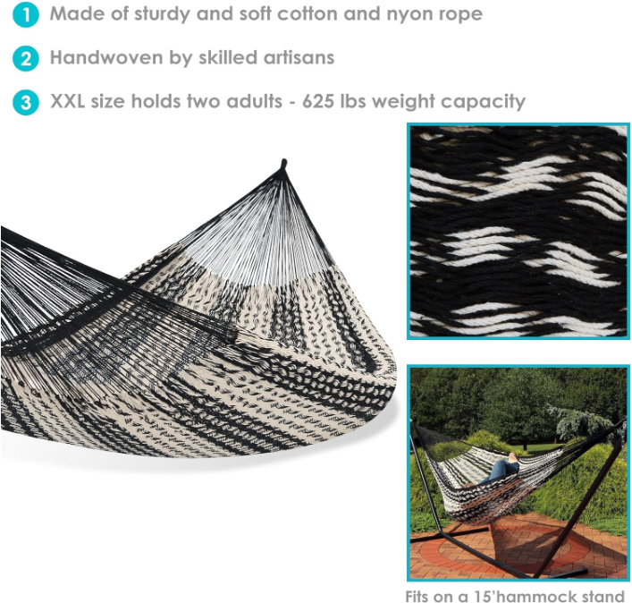 Handwoven XXL Thick Cord Mayan Family Hammock - 625-Pound Capacity - Black/Natural