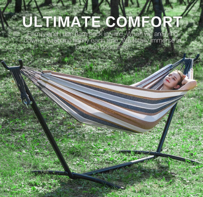 Double Hammock with Space Saving Steel Stand Included 2 Person Heavy Duty Outside Garden Yard Outdoor 450lb Capacity 2 People Standing Hammocks and Portable Carrying Bag (Coffee)