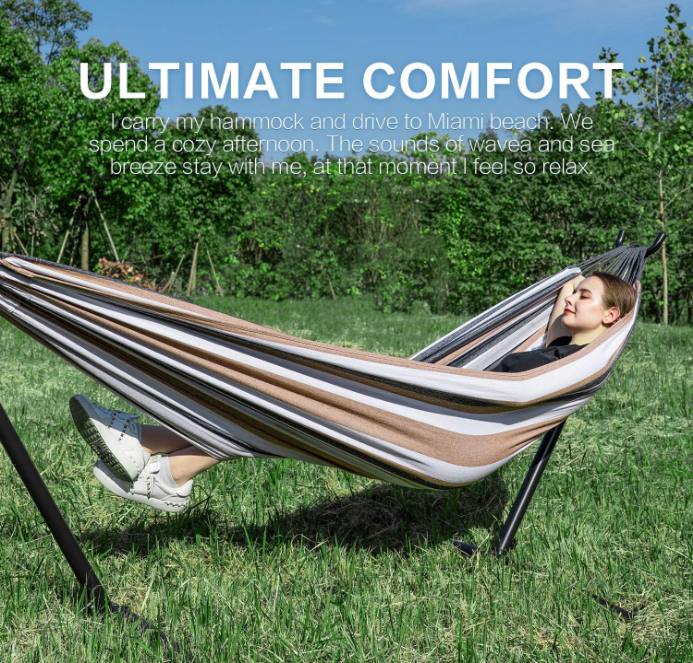 Double Hammock with Space Saving Steel Stand Included 2 Person Heavy Duty Outside Garden Yard Outdoor 450lb Capacity 2 People Standing Hammocks and Portable Carrying Bag (Coffee)