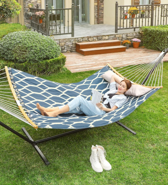 Hammock, Quilted Hammock with Curved Bamboo Spreaders, Pillow, 78.7 x 55.1 Inches, Portable Padded Hammock Holds up to 495 lb, Blue and Beige Rhombus UGDC034I02