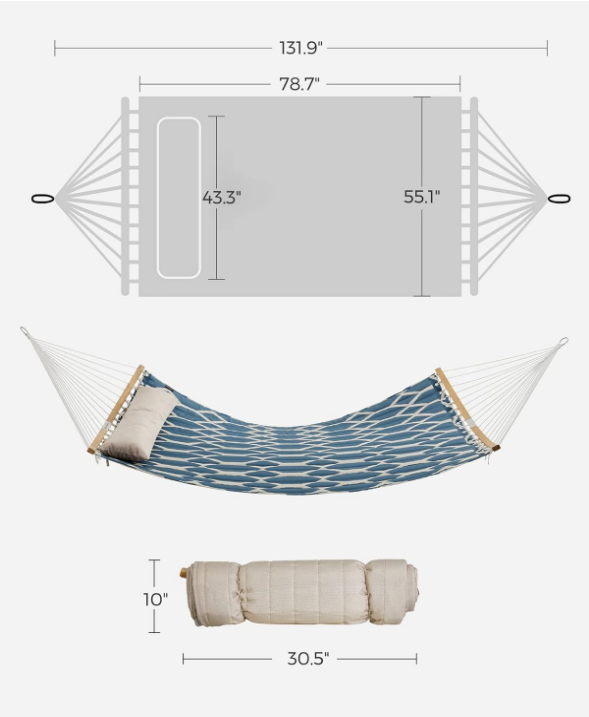 Hammock, Quilted Hammock with Curved Bamboo Spreaders, Pillow, 78.7 x 55.1 Inches, Portable Padded Hammock Holds up to 495 lb, Blue and Beige Rhombus UGDC034I02