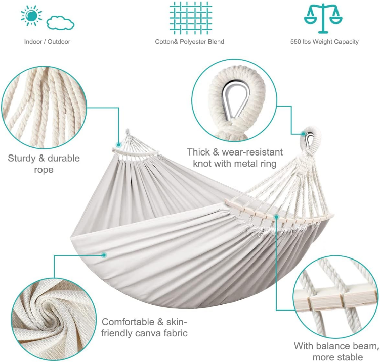 Camping Portable Hammocks (Max 550lb) Upgraded Thickened Canvas Fabric, Two Anti Roll Balance Beam and Sturdy Metal Knot Tree Straps for Travel, Beach, Backyard etc.