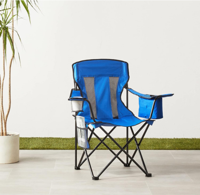 Portable Camping Chair with 4-Can Cooler, Side Pocket, Cup Holder, and Carry Bag; Collapsible Chair for Camping, Tailgates, Beach, and Sports