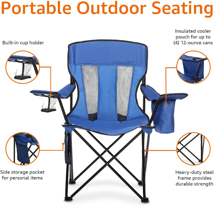Portable Camping Chair with 4-Can Cooler, Side Pocket, Cup Holder, and Carry Bag; Collapsible Chair for Camping, Tailgates, Beach, and Sports