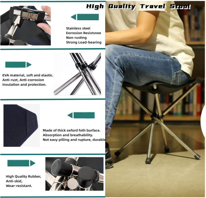 Camping Stool Small Retractable Folding Chair Foot Rest Stainless Steel Compact Lightweight Backpacking Stool with Carry Bag 12.6X12.6X13.8 inches