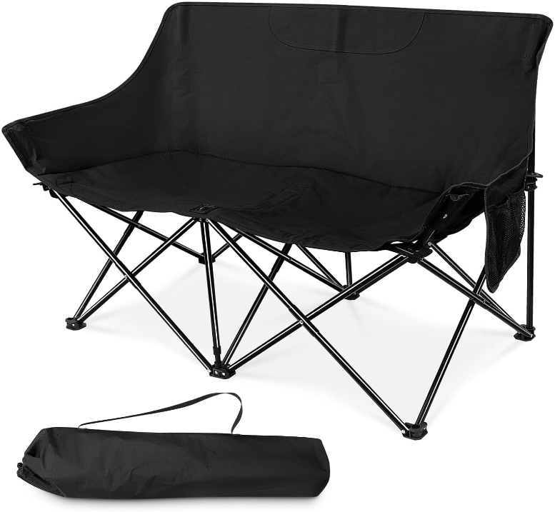  Folding Camping Chair, Portable Double Outdoor Loveseat for 2 Adults Person, Durable Foldable Collapsible Chairs for Camp Patio Picnic Beach Travel, Support 600Lbs, for Women & Men, Black