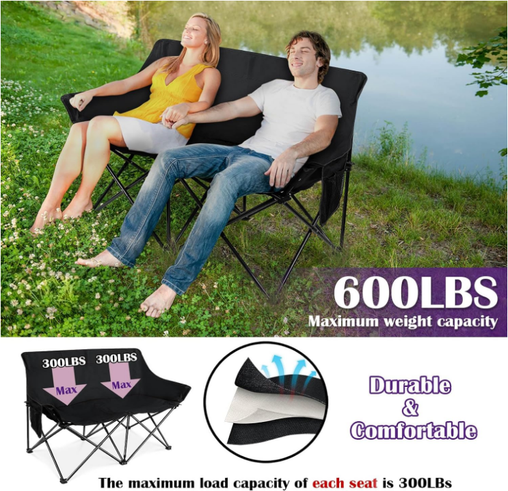  Folding Camping Chair, Portable Double Outdoor Loveseat for 2 Adults Person, Durable Foldable Collapsible Chairs for Camp Patio Picnic Beach Travel, Support 600Lbs, for Women & Men, Black