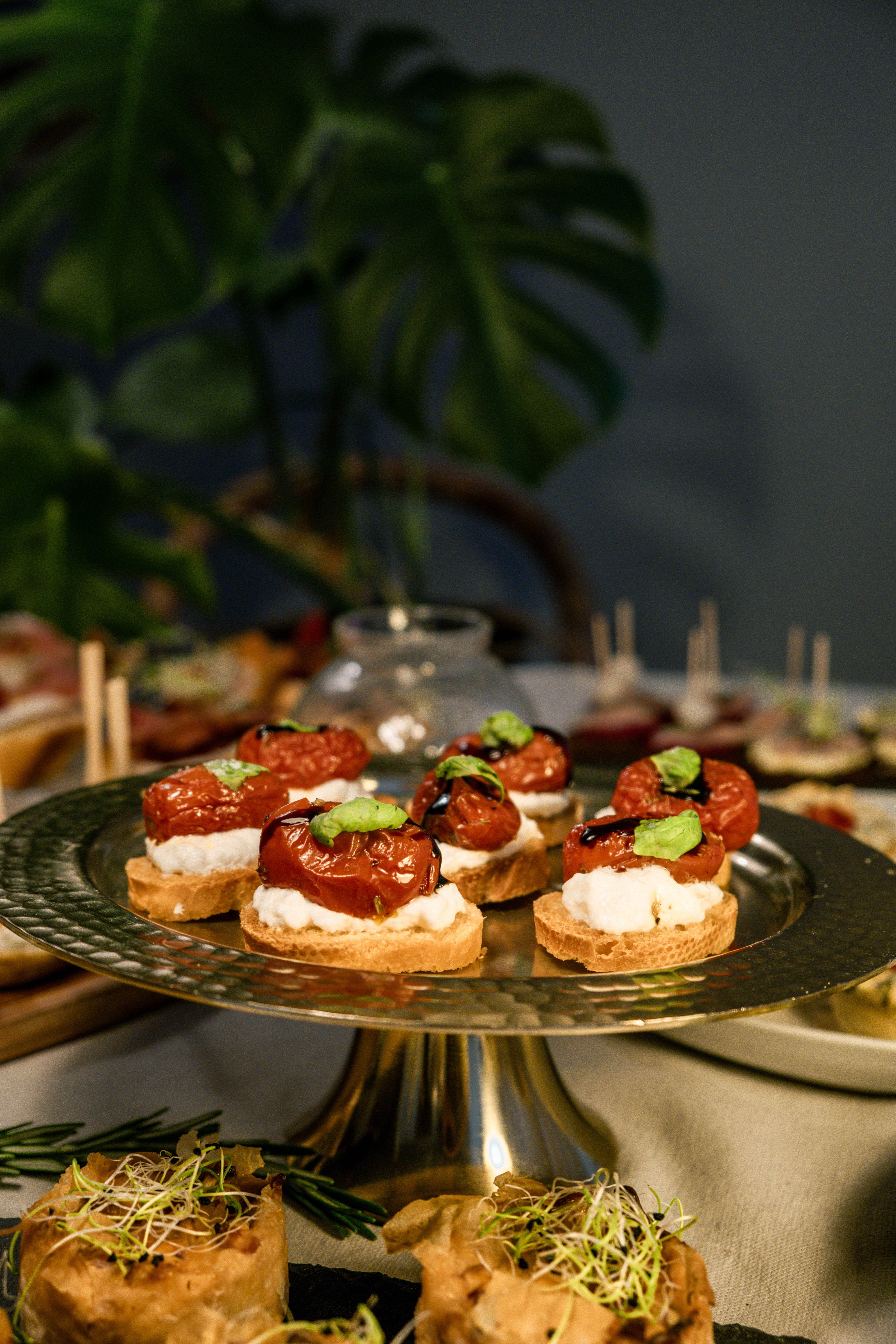 Crostini su burata ir keptais pomidorais