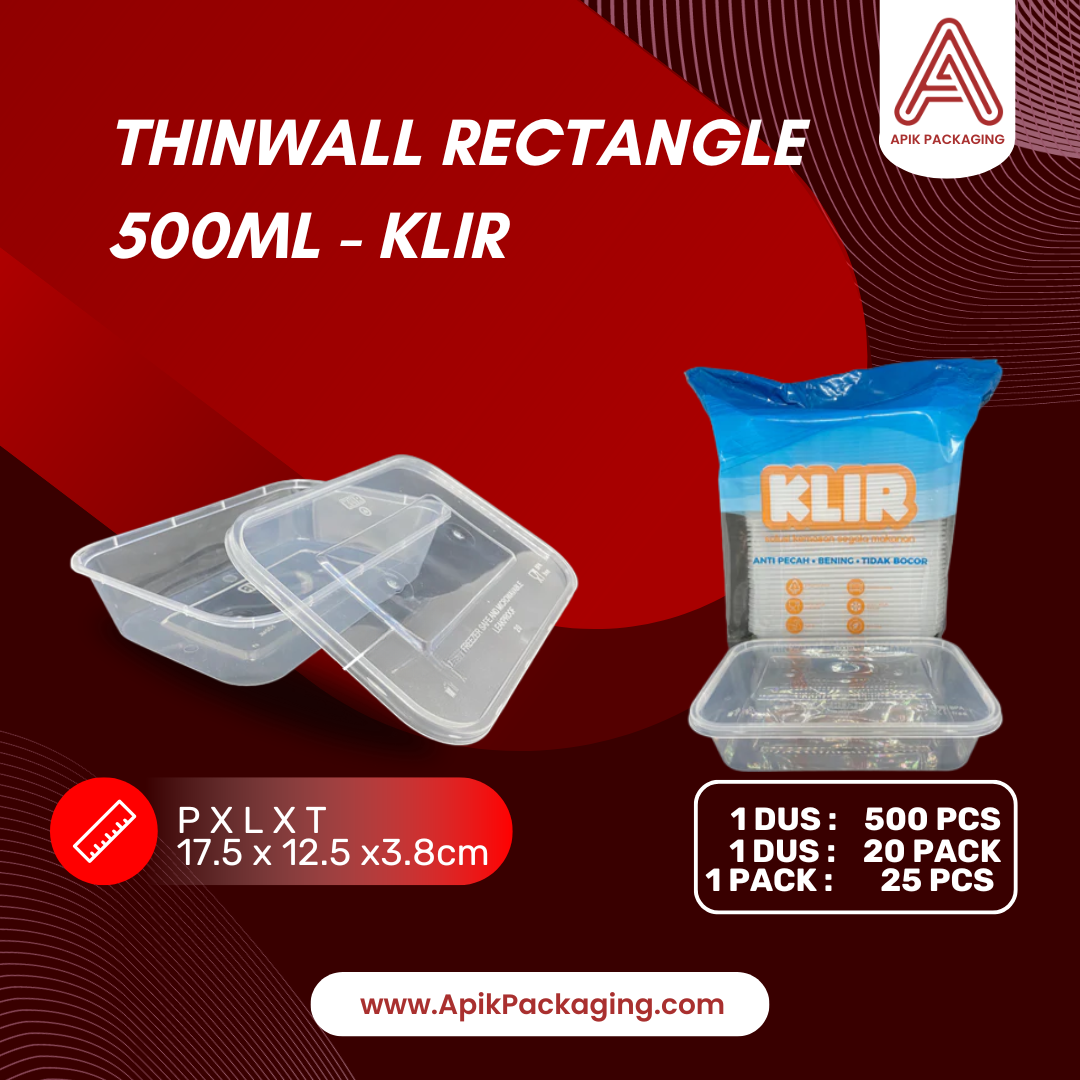 Kotak Makanan Thinwall Rectangle KLIR 200 ML, 250 ML, 300 ML, 500 ML, 650 ML, 750 ML, 1000 ML, Lock, Long 1, Long 1A, Long 1B, Long 1 C, Long 3