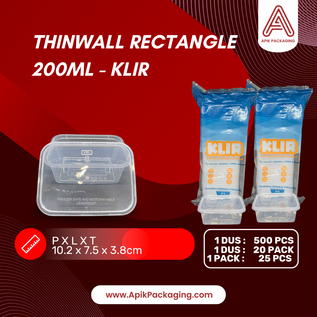 Kotak Makanan Thinwall Rectangle KLIR 200 ML, 250 ML, 300 ML, 500 ML, 650 ML, 750 ML, 1000 ML, Lock, Long 1, Long 1A, Long 1B, Long 1 C, Long 3
