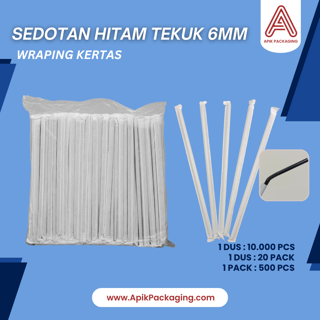 Sedotan Hitam Tekuk 6 MM Wraping Kertas Hitam dan Putih