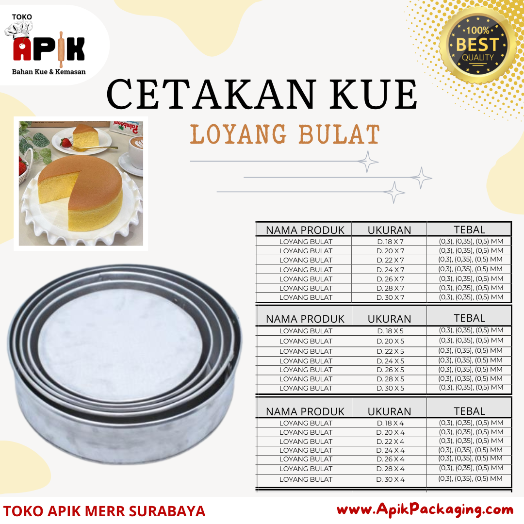 Cetakan Kue Berbagai Jenis dan Ukuran / Loyang Bulat / Loyang Kotak / Sus Buntu / Lidah Kucing / Sepectar Mika Permika
