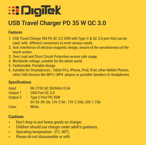Digitek (DMPD QC 35W) USB Travel Charger QC 3.0 PD 35W, up to 4X Faster Than a Normal USB Charger
