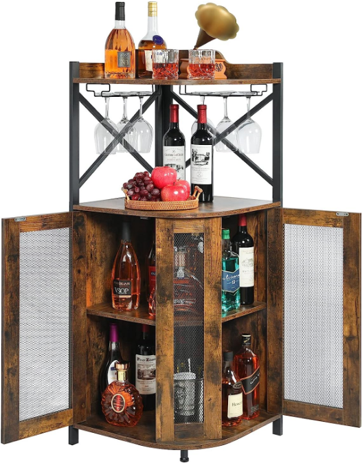 Corner Bar Cabinet with Glass Holder, Industrial Wine Cabinet with Mesh Door, Liquor Bar Cabinet with Adjustable Shelf, Home Bar for Liquor and Wine Storage, Rustic Brown