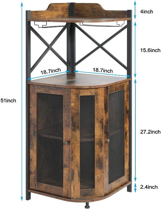 Corner Bar Cabinet with Glass Holder, Industrial Wine Cabinet with Mesh Door, Liquor Bar Cabinet with Adjustable Shelf, Home Bar for Liquor and Wine Storage, Rustic Brown