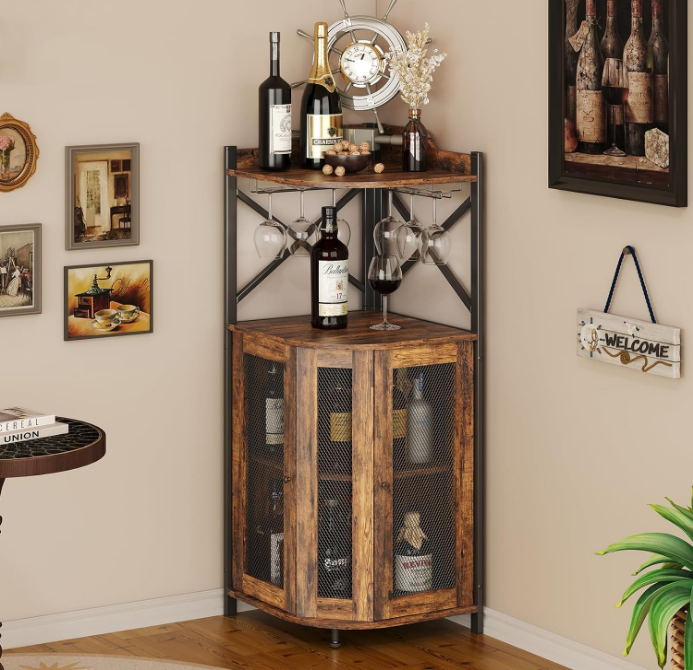Corner Bar Cabinet with Glass Holder, Industrial Wine Cabinet with Mesh Door, Liquor Bar Cabinet with Adjustable Shelf, Home Bar for Liquor and Wine Storage, Rustic Brown