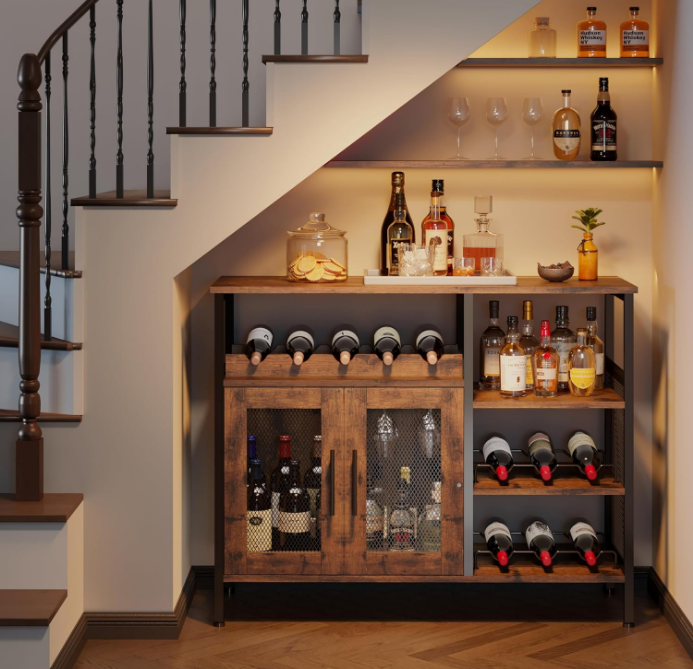 Wine Bar Rack Cabinet with Detachable Wine Rack, Coffee Bar Cabinet with Glass Holder, Small Sideboard and Buffet Cabinet with Mesh Door, Rustic Brown, Large