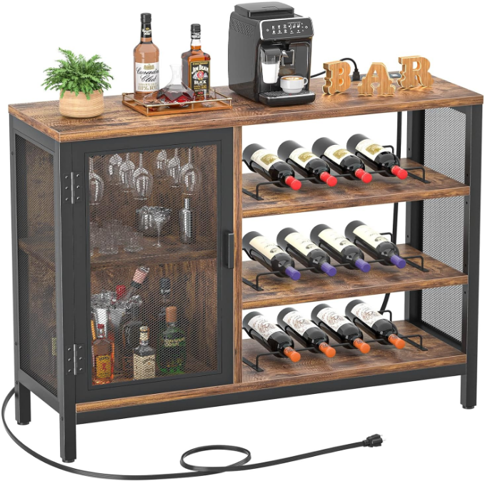 Wine Bar Cabinet with Power Outlets, Industrial Coffee Bar Cabinet for Liquor and Glasses, Farmhouse Bar Cabinet with Removable Wine Racks, Rustic Brown