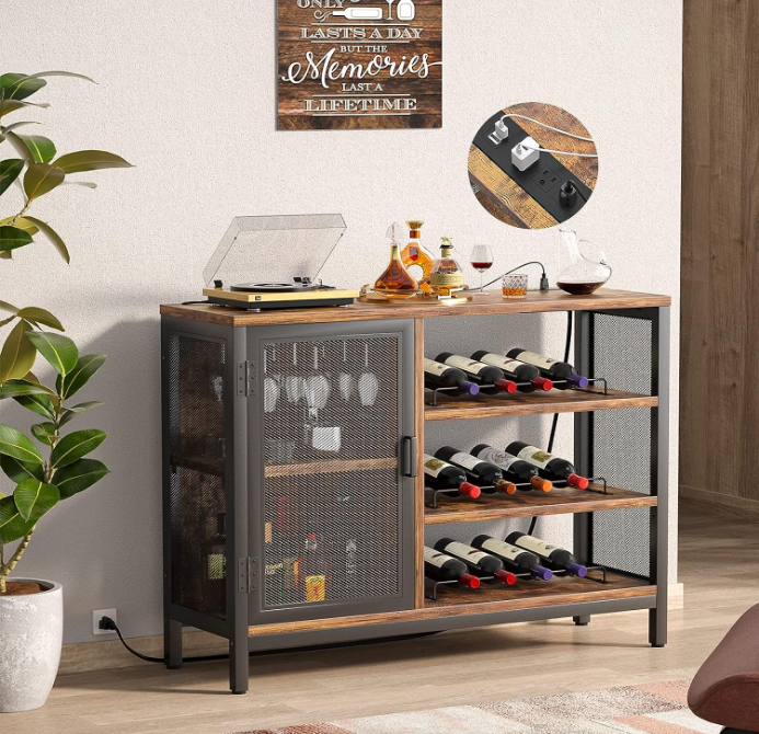 Wine Bar Cabinet with Power Outlets, Industrial Coffee Bar Cabinet for Liquor and Glasses, Farmhouse Bar Cabinet with Removable Wine Racks, Rustic Brown