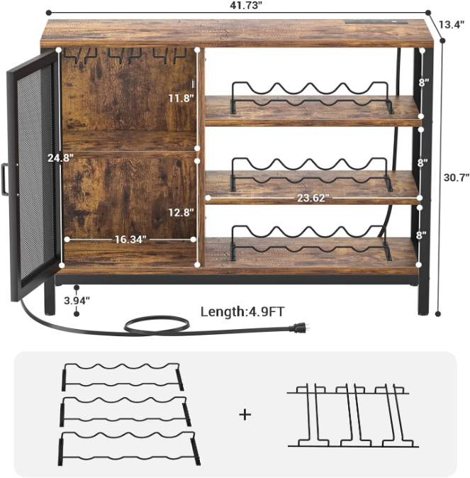 Wine Bar Cabinet with Power Outlets, Industrial Coffee Bar Cabinet for Liquor and Glasses, Farmhouse Bar Cabinet with Removable Wine Racks, Rustic Brown