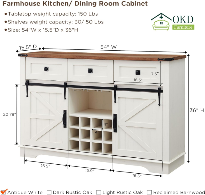 Farmhouse Buffet Cabinet with Storage, 54" Kitchen Wine Bar Cabinet w/Wine & Glass Rack, Sliding Barn Door, 3 Drawers, Rustic Coffee Bar Cabinet, Antique White