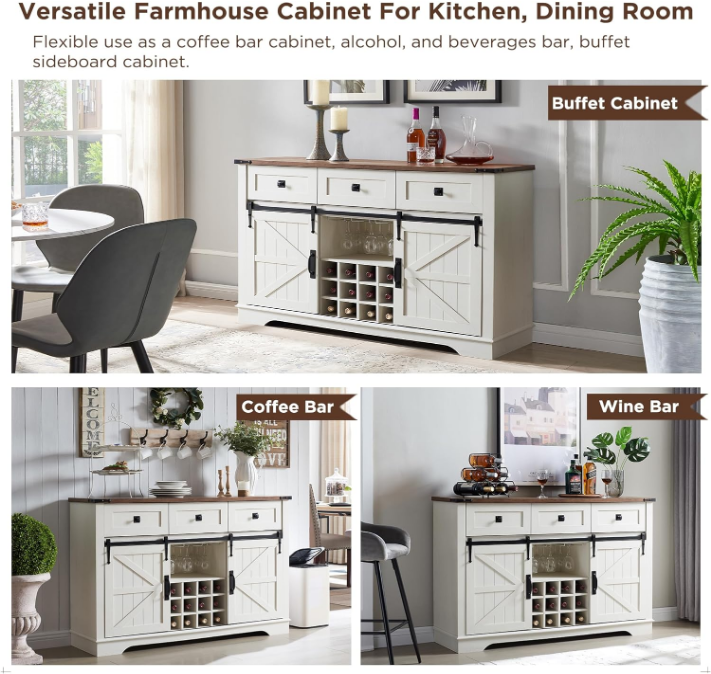 Farmhouse Buffet Cabinet with Storage, 54" Kitchen Wine Bar Cabinet w/Wine & Glass Rack, Sliding Barn Door, 3 Drawers, Rustic Coffee Bar Cabinet, Antique White