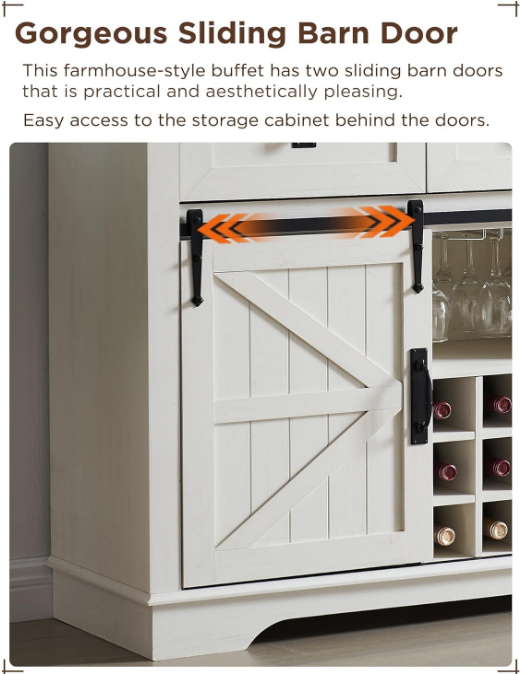 Farmhouse Buffet Cabinet with Storage, 54" Kitchen Wine Bar Cabinet w/Wine & Glass Rack, Sliding Barn Door, 3 Drawers, Rustic Coffee Bar Cabinet, Antique White