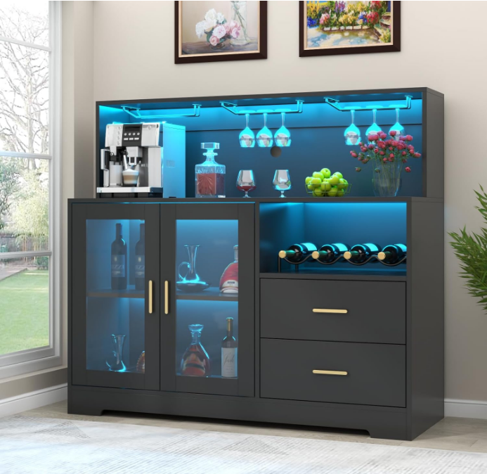Wine Bar Cabinet with LED Light, Home Coffee Cabinet with Wine and Glass Rack, Kitchen Buffet Sideboard with Storage Cabinet&Drawers, Modern Liquor Cabinet for Living Room Dining Room (Black)