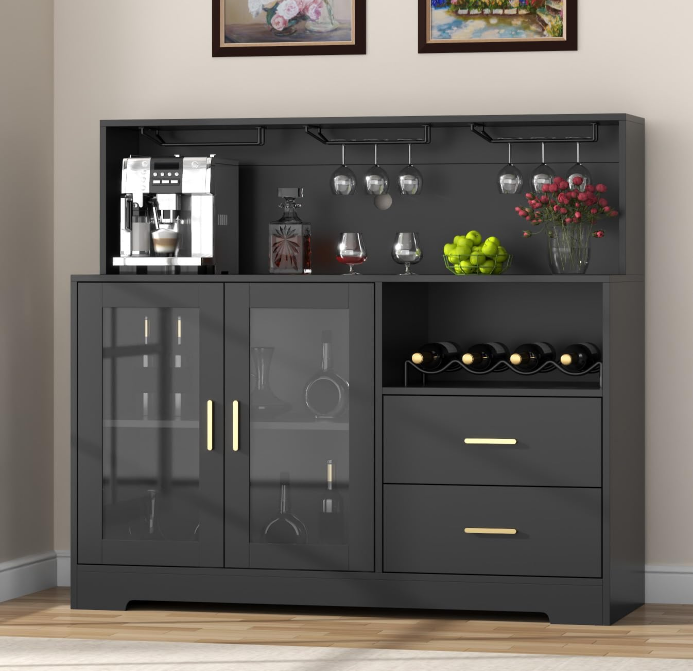Wine Bar Cabinet with LED Light, Home Coffee Cabinet with Wine and Glass Rack, Kitchen Buffet Sideboard with Storage Cabinet&Drawers, Modern Liquor Cabinet for Living Room Dining Room (Black)
