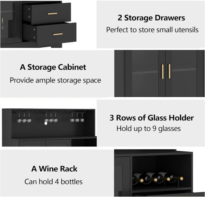 Wine Bar Cabinet with LED Light, Home Coffee Cabinet with Wine and Glass Rack, Kitchen Buffet Sideboard with Storage Cabinet&Drawers, Modern Liquor Cabinet for Living Room Dining Room (Black)