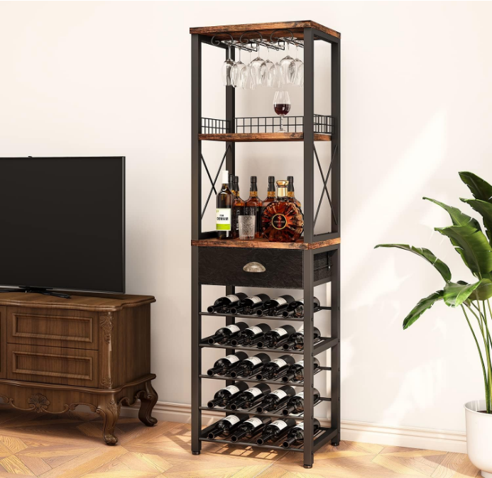 Wine Rack Freestanding Floor, Bar Cabinet for Liquor and Glasses, 4-Tier bar Cabinet with Tabletop, Glass Holder, Storage Drawer and Wine Storage for Home Bar(Patent No.D1009580)