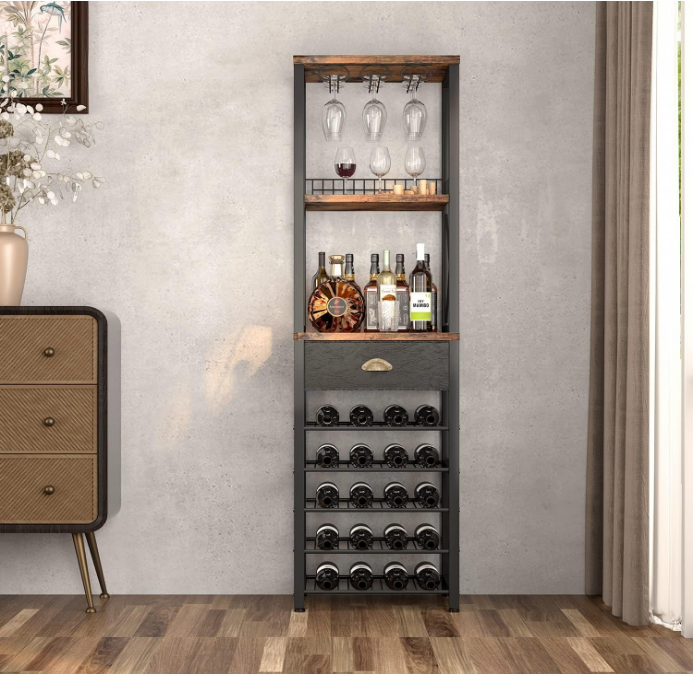 Wine Rack Freestanding Floor, Bar Cabinet for Liquor and Glasses, 4-Tier bar Cabinet with Tabletop, Glass Holder, Storage Drawer and Wine Storage for Home Bar(Patent No.D1009580)
