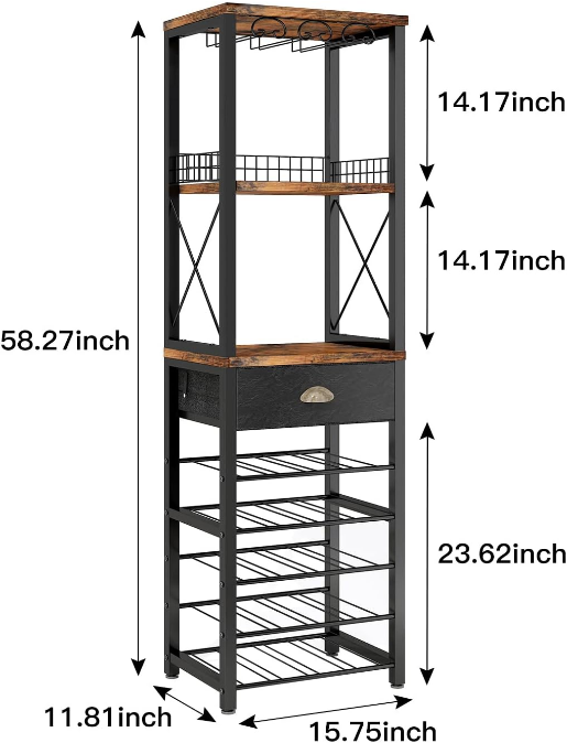 Wine Rack Freestanding Floor, Bar Cabinet for Liquor and Glasses, 4-Tier bar Cabinet with Tabletop, Glass Holder, Storage Drawer and Wine Storage for Home Bar(Patent No.D1009580)