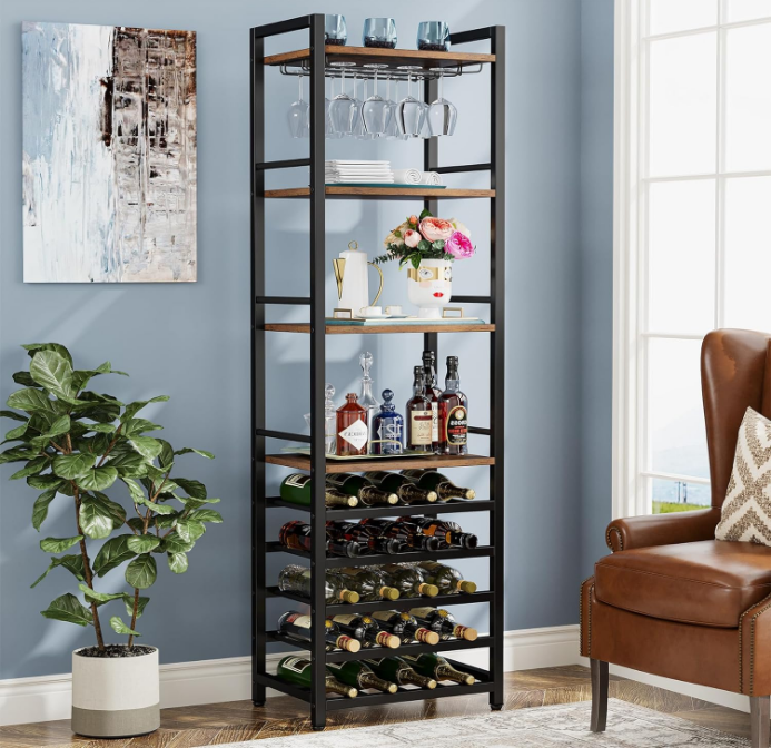 20 Bottle Wine Bakers Rack, 9 Tier Freestanding Wine Rack with Glass Holder and Storage Shelves, Multi-Function Wine Bar Cabinet Bottle Holder for Kitchen, Dining Room, Rustic Brown