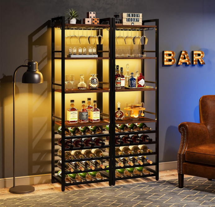 20 Bottle Wine Bakers Rack, 9 Tier Freestanding Wine Rack with Glass Holder and Storage Shelves, Multi-Function Wine Bar Cabinet Bottle Holder for Kitchen, Dining Room, Rustic Brown