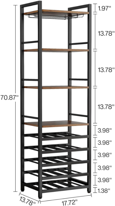 20 Bottle Wine Bakers Rack, 9 Tier Freestanding Wine Rack with Glass Holder and Storage Shelves, Multi-Function Wine Bar Cabinet Bottle Holder for Kitchen, Dining Room, Rustic Brown