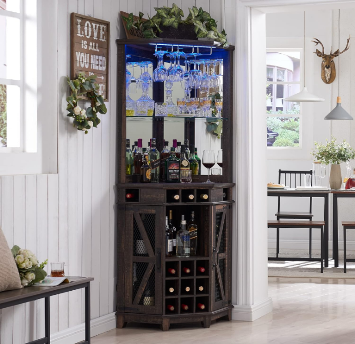 Corner Bar Storage Cabinet, 72" Tall Farmhouse Wine Bar Cabinet w/Barn Door & Adjustable Shelf, Home Bar Cabinet w/LED Light & Glass Rack for Living Room, Kitchen, Dark Rustic Oak