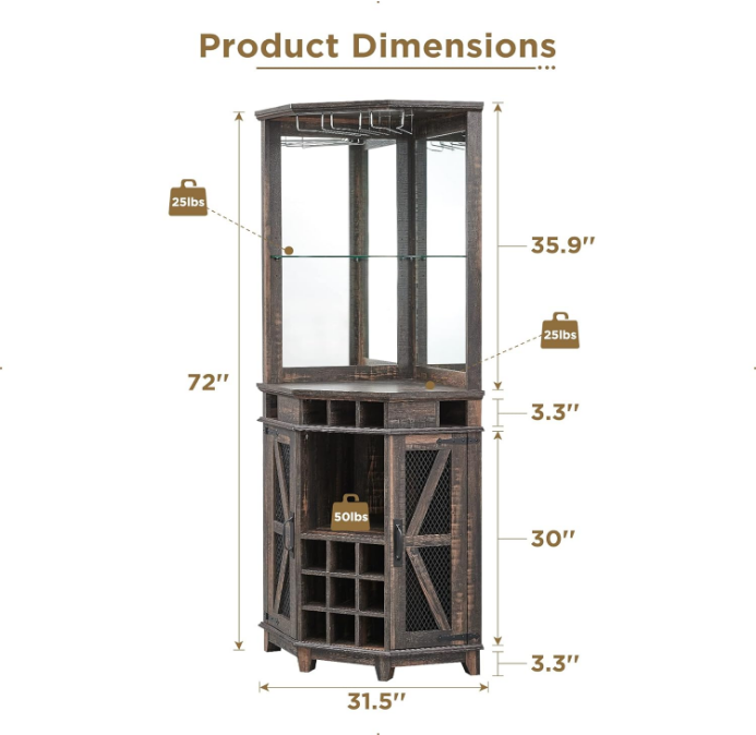Corner Bar Storage Cabinet, 72" Tall Farmhouse Wine Bar Cabinet w/Barn Door & Adjustable Shelf, Home Bar Cabinet w/LED Light & Glass Rack for Living Room, Kitchen, Dark Rustic Oak