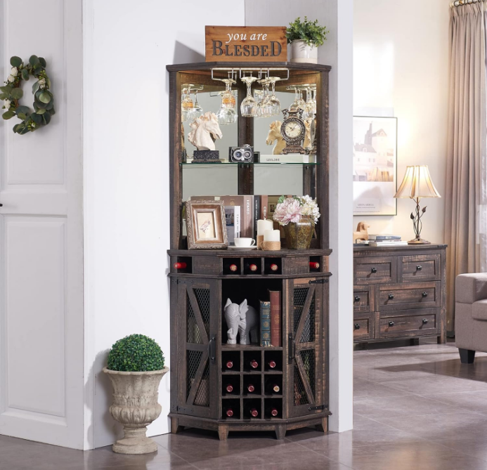 Corner Bar Storage Cabinet, 72" Tall Farmhouse Wine Bar Cabinet w/Barn Door & Adjustable Shelf, Home Bar Cabinet w/LED Light & Glass Rack for Living Room, Kitchen, Dark Rustic Oak