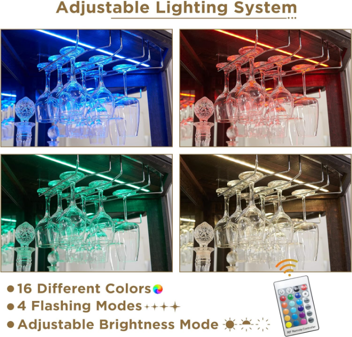 Corner Bar Storage Cabinet, 72" Tall Farmhouse Wine Bar Cabinet w/Barn Door & Adjustable Shelf, Home Bar Cabinet w/LED Light & Glass Rack for Living Room, Kitchen, Dark Rustic Oak