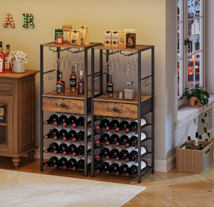 Wine Rack Freestanding Floor, 16-Bottle Wine Storage Rack with Non-Woven Fabric Drawer and Hooks, Wine Rack Table, Bar Cabinet for Kitchen, Dining Room, Bar, Rustic Brown and Black BF10JJ01