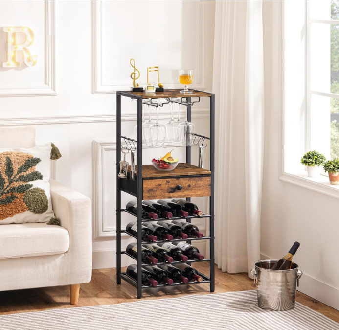 Wine Rack Freestanding Floor, 16-Bottle Wine Storage Rack with Non-Woven Fabric Drawer and Hooks, Wine Rack Table, Bar Cabinet for Kitchen, Dining Room, Bar, Rustic Brown and Black BF10JJ01