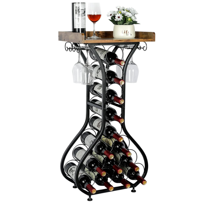 Wine Rack Freestanding Floor, Mini Bar Table Wine Holder Stand Liquor Cabinet with Glass Holder Wood Tabletop 14 Bottles Floor Wine Storage for Home Bar Kitchen Dining Living Room